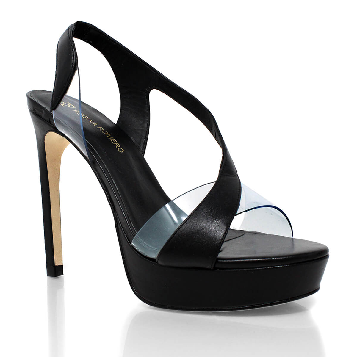 RENE 125 - Black Regina Romero High Heel Platform Sandal Shoe for Women in Leather