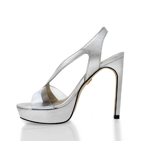 Sandalias Rene 125 Regina Romero en piel color plata, tacon muy alto