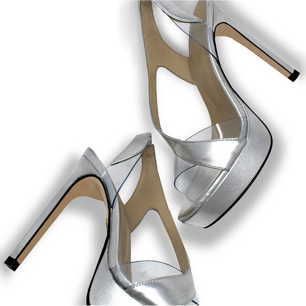 Sandalias Rene 125 Regina Romero en piel color plata, tacon muy alto