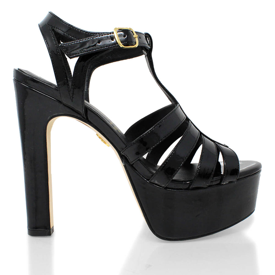 ROMI 135 - Black Patent Leather Regina Romero High Heel Platform Sandal Shoe for Women in Leather
