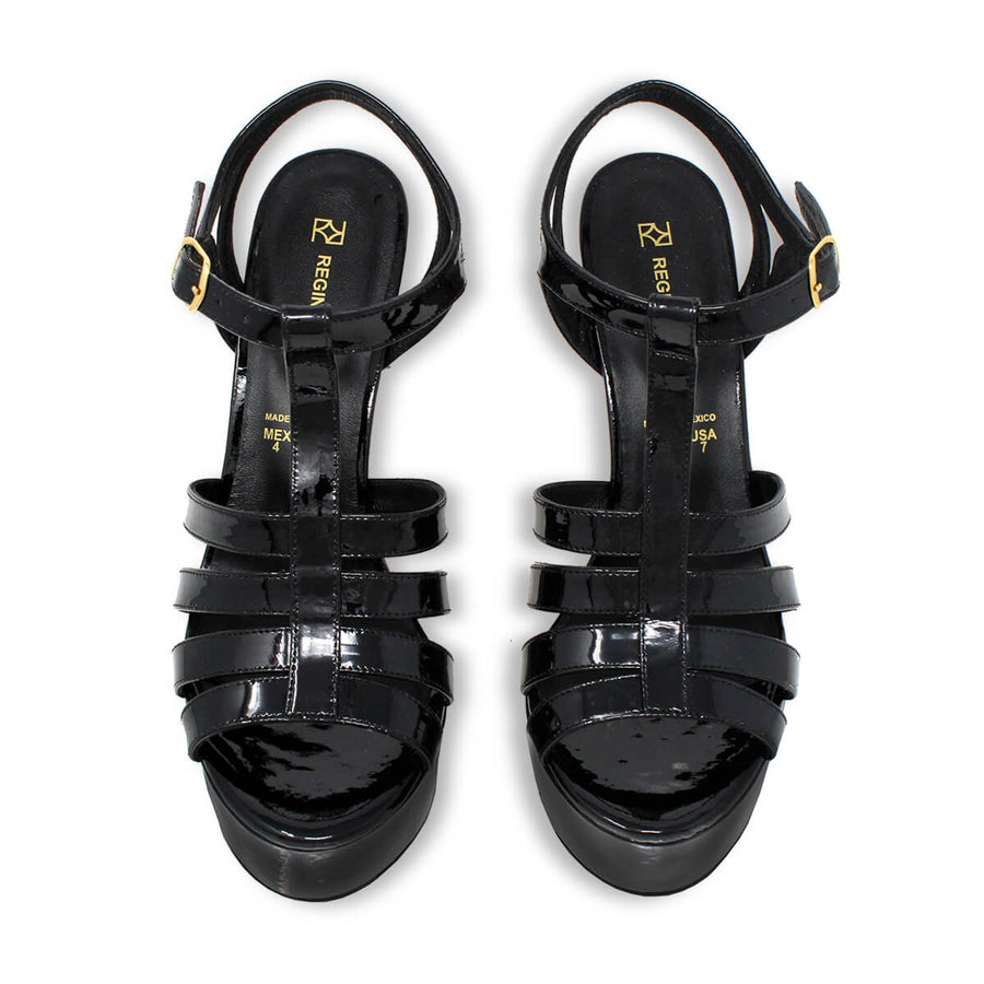 ROMI 135 - Black Patent Leather Regina Romero High Heel Platform Sandal Shoe for Women in Leather