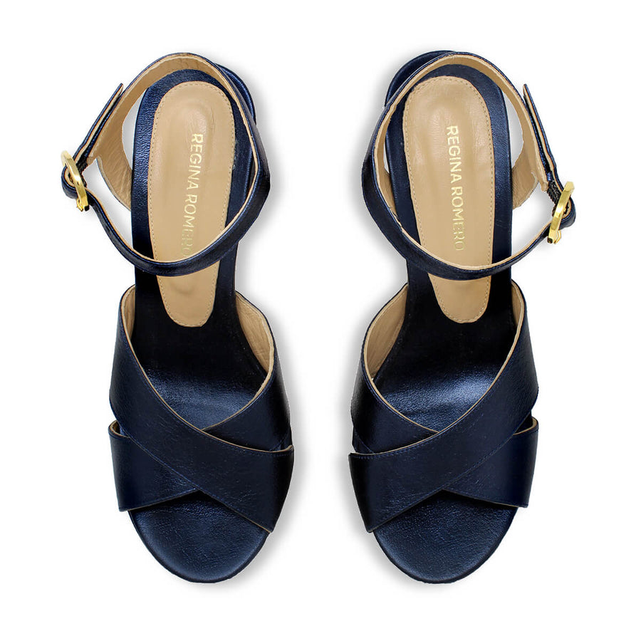 VENUS 120 - Azul Metalico Regina Romero Zapato Sandalia Plataforma Tacon Alto Para Dama en Piel