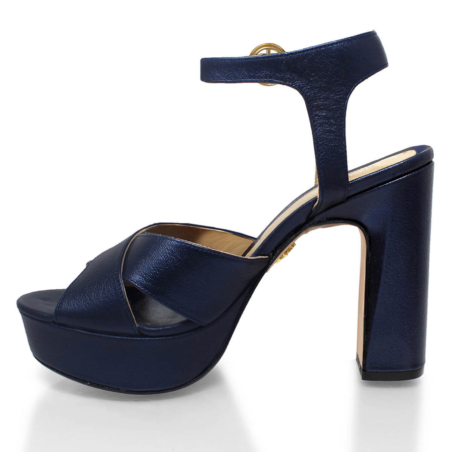 VENUS 120 - Azul Metalico Regina Romero Zapato Sandalia Plataforma Tacon Alto Para Dama en Piel