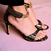 LORENA 85 - Black and Old Gold Regina Romero High Heel Sandal Slipper Shoe for Women in Leather