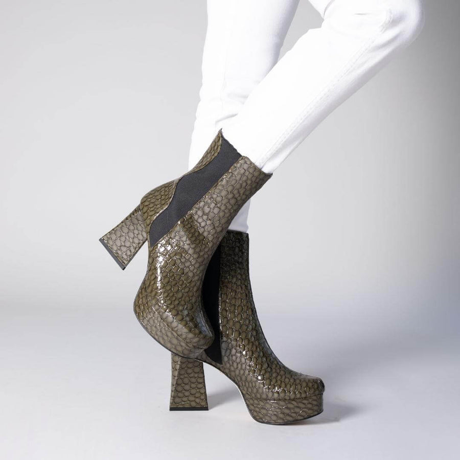 MELANIE 95 - Khaki Patent Leather Regina Romero High Heel Platform Ankle Boot Shoe for Women in Leather