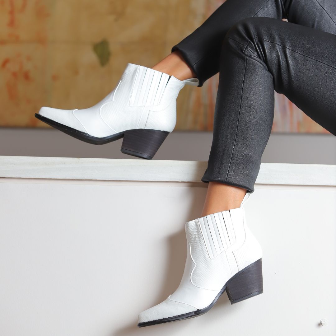 MADDIE 60 - White Regina Romero Low Heel Ankle Boot Shoe for Women in Leather