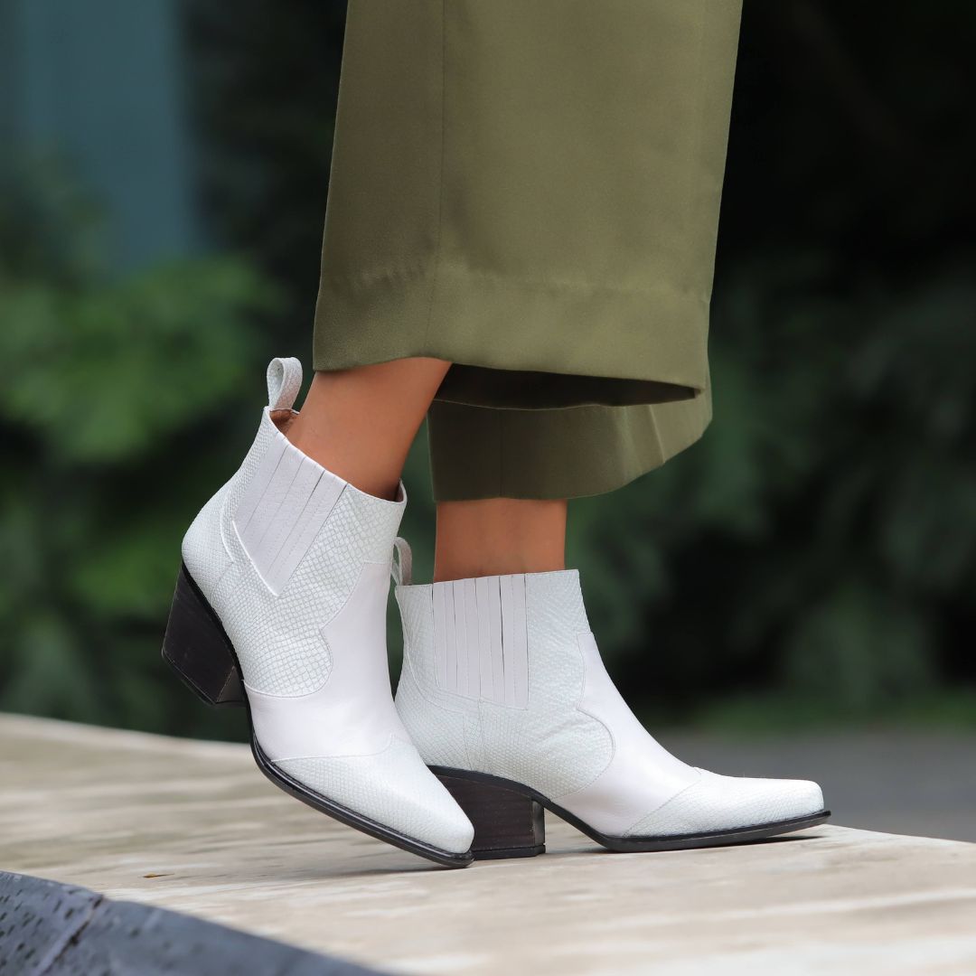 MADDIE 60 - White Regina Romero Low Heel Ankle Boot Shoe for Women in Leather