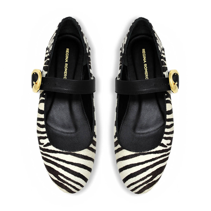 LOLA - Negro Print Regina Romero Zapato Flat Balerina de Piso Para Dama en Piel
