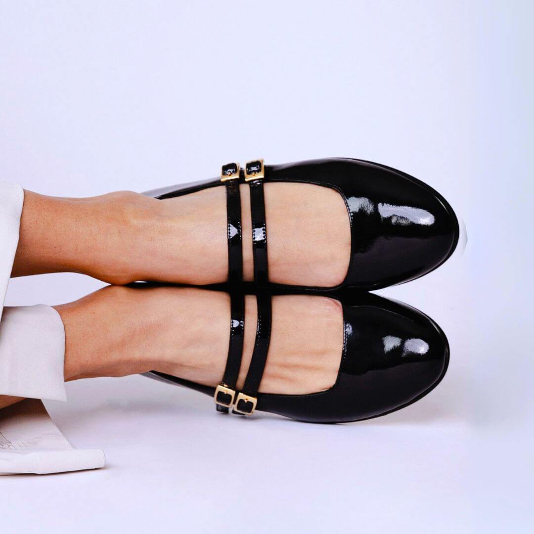 VIOLET - Black Patent Leather Regina Romero Flat Ballerina Shoe for Women in Leather