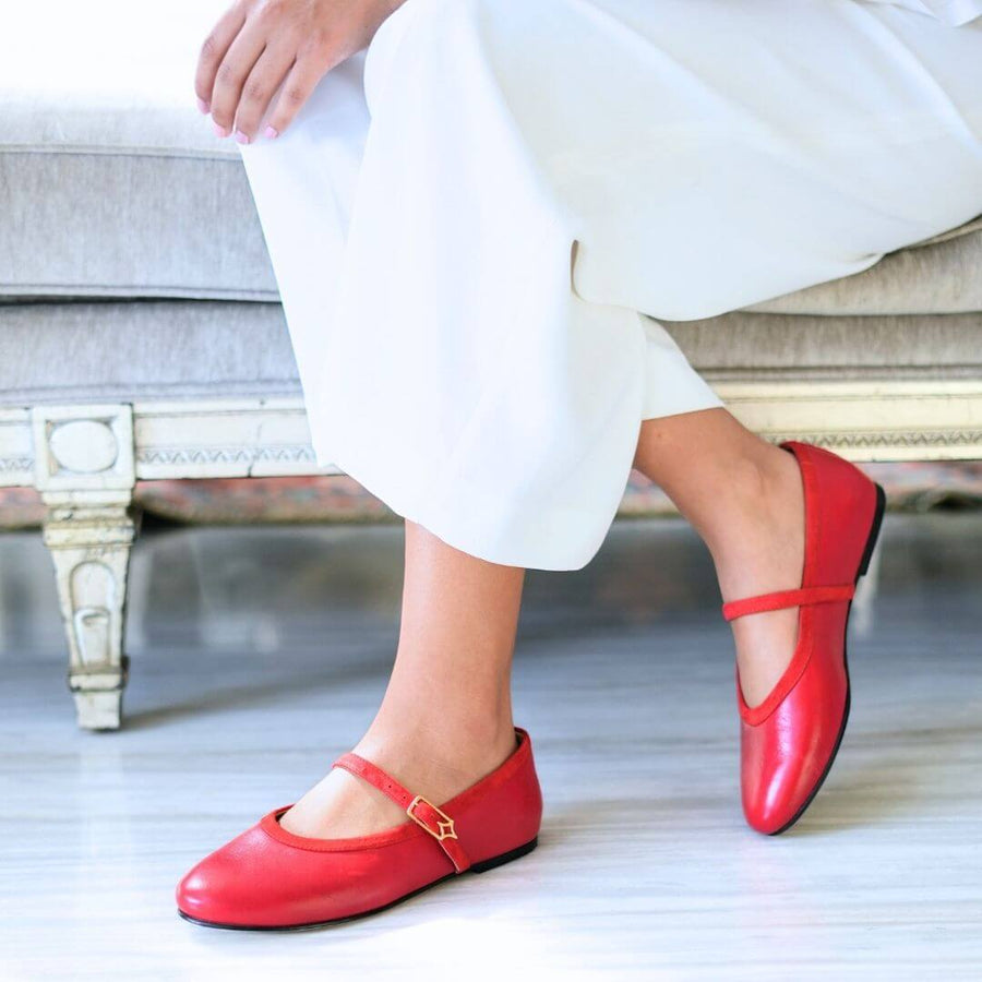 CLAIRE - Rojo Regina Romero Zapato Flat Balerina de Piso Para Dama en Piel