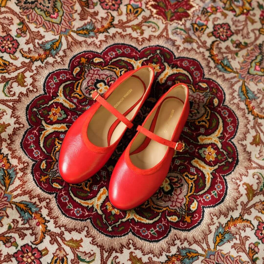 CLAIRE - Rojo Regina Romero Zapato Flat Balerina de Piso Para Dama en Piel