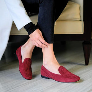 RINGS - Suede Wine Regina Romero Women's Flat Moccasin Shoe in Leather