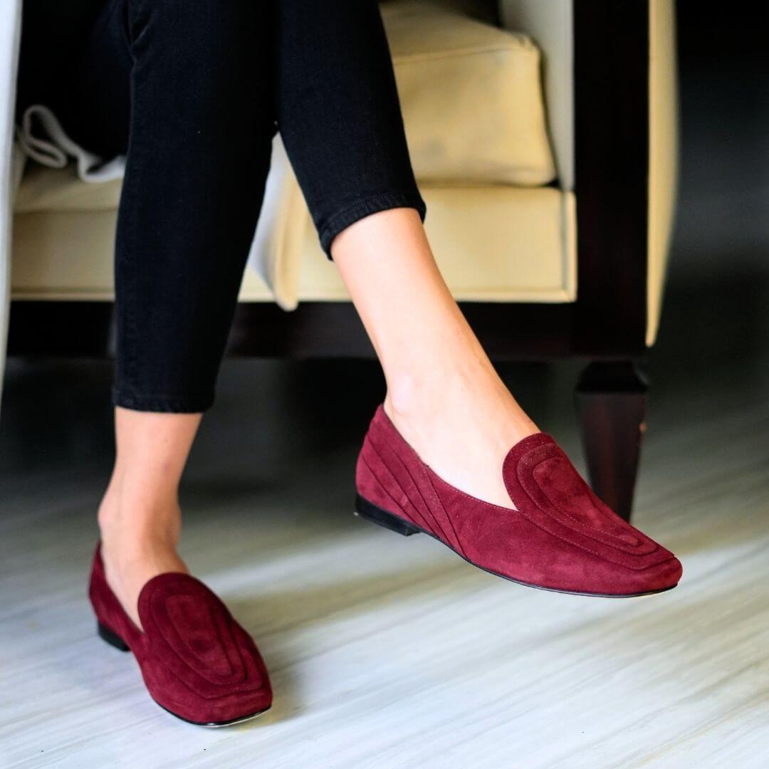 RINGS - Suede Wine Regina Romero Women's Flat Moccasin Shoe in Leather