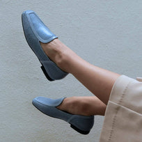 CORA - Light Blue Regina Romero Women's Flat Moccasin Shoe in Leather