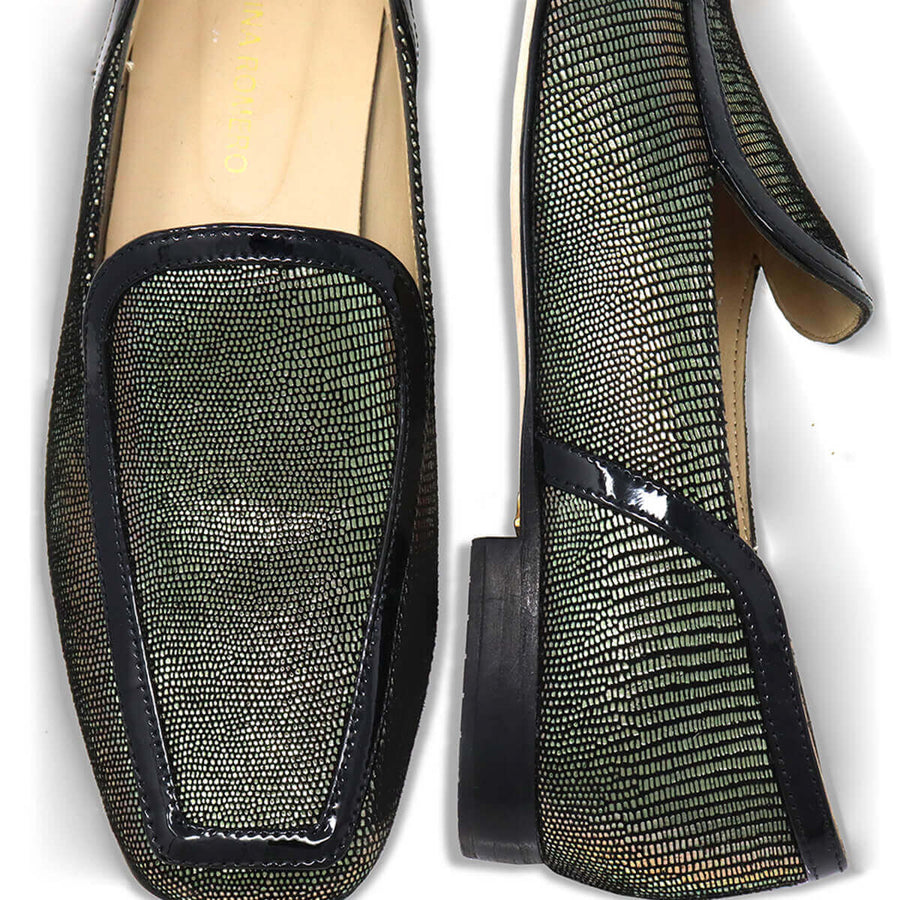 CORA - Negro Inox Regina Romero Zapato Mocasin de Piso Para Dama en Piel
