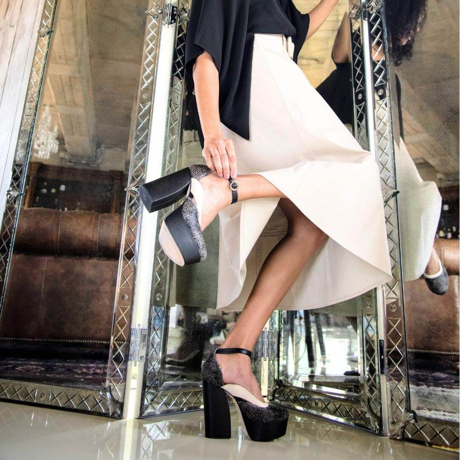 DESIRE 135 - Black Regina Romero High Heel Platform Shoe for Women in Leather