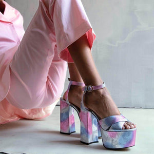 AURA 150 - Rosa y Azul Regina Romero Zapato Sandalia Plataforma Tacon Alto Para Dama en Piel