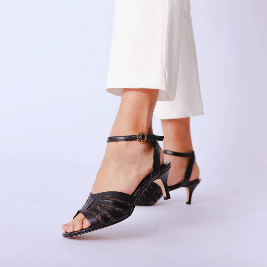 LIKA 60 - Black Regina Romero Low Heel Sandal Shoe for Women in Leather