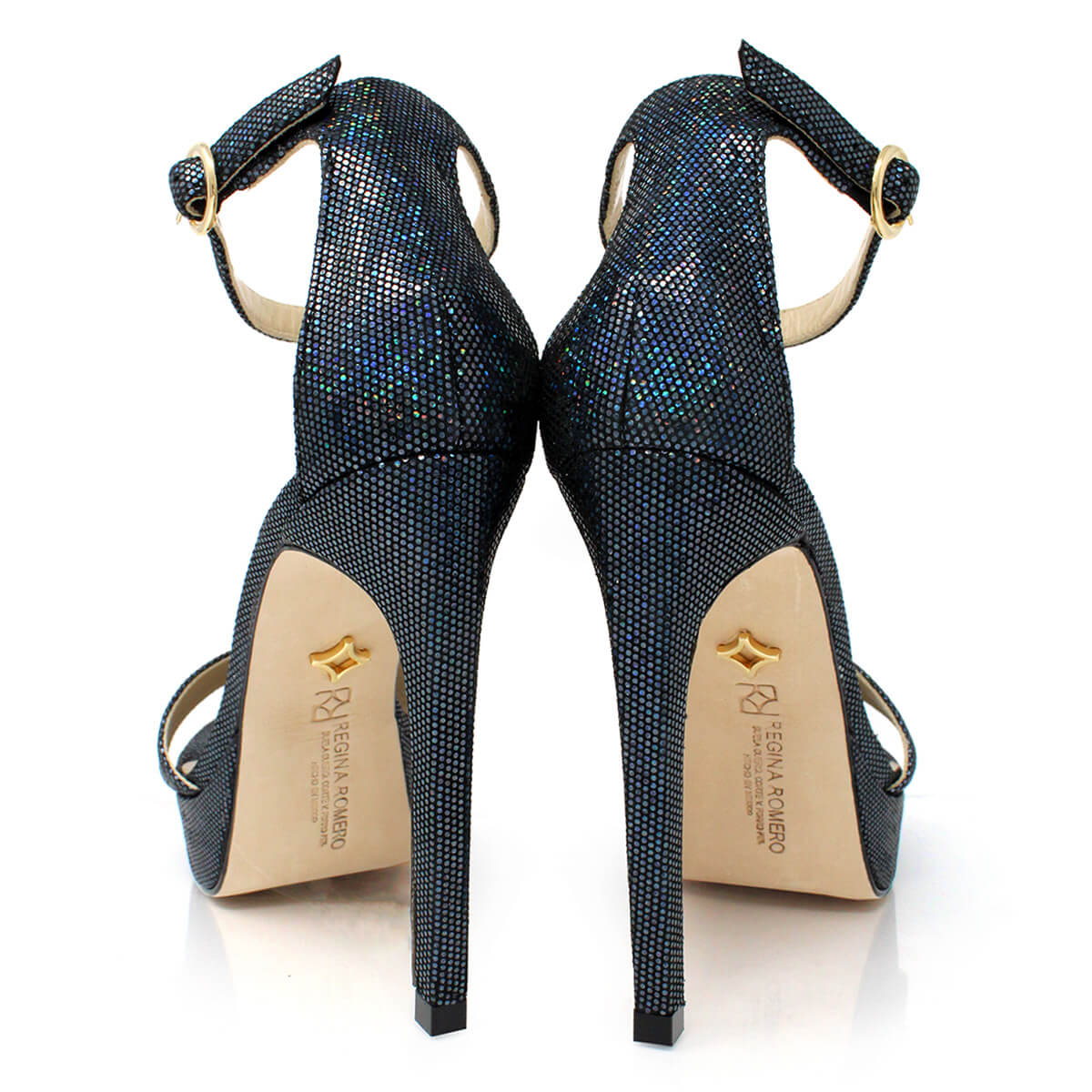 LAURA 125 - Glitter Negro Regina Romero Zapato Sandalia Plataforma Tacon Alto Para Dama en Piel