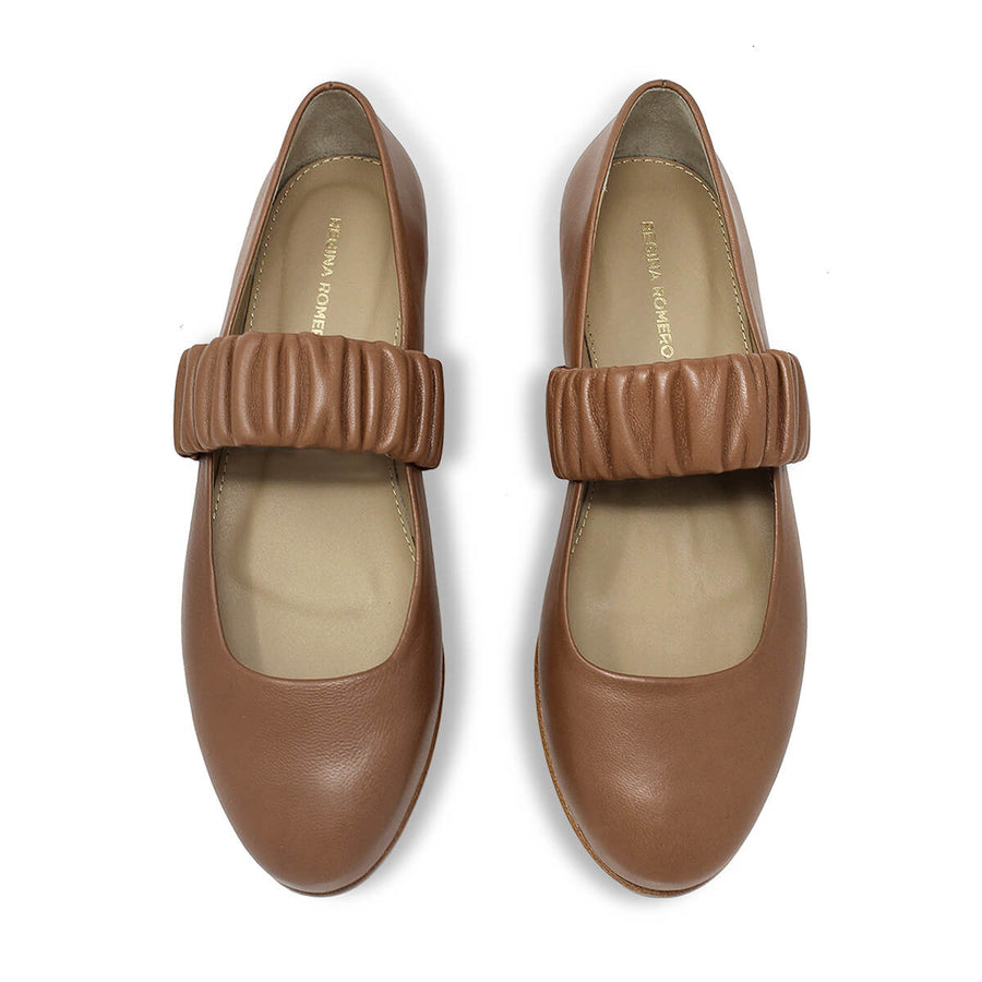ALINA- Tan Regina Romero Zapato Flat Balerina de Piso Para Dama en Piel