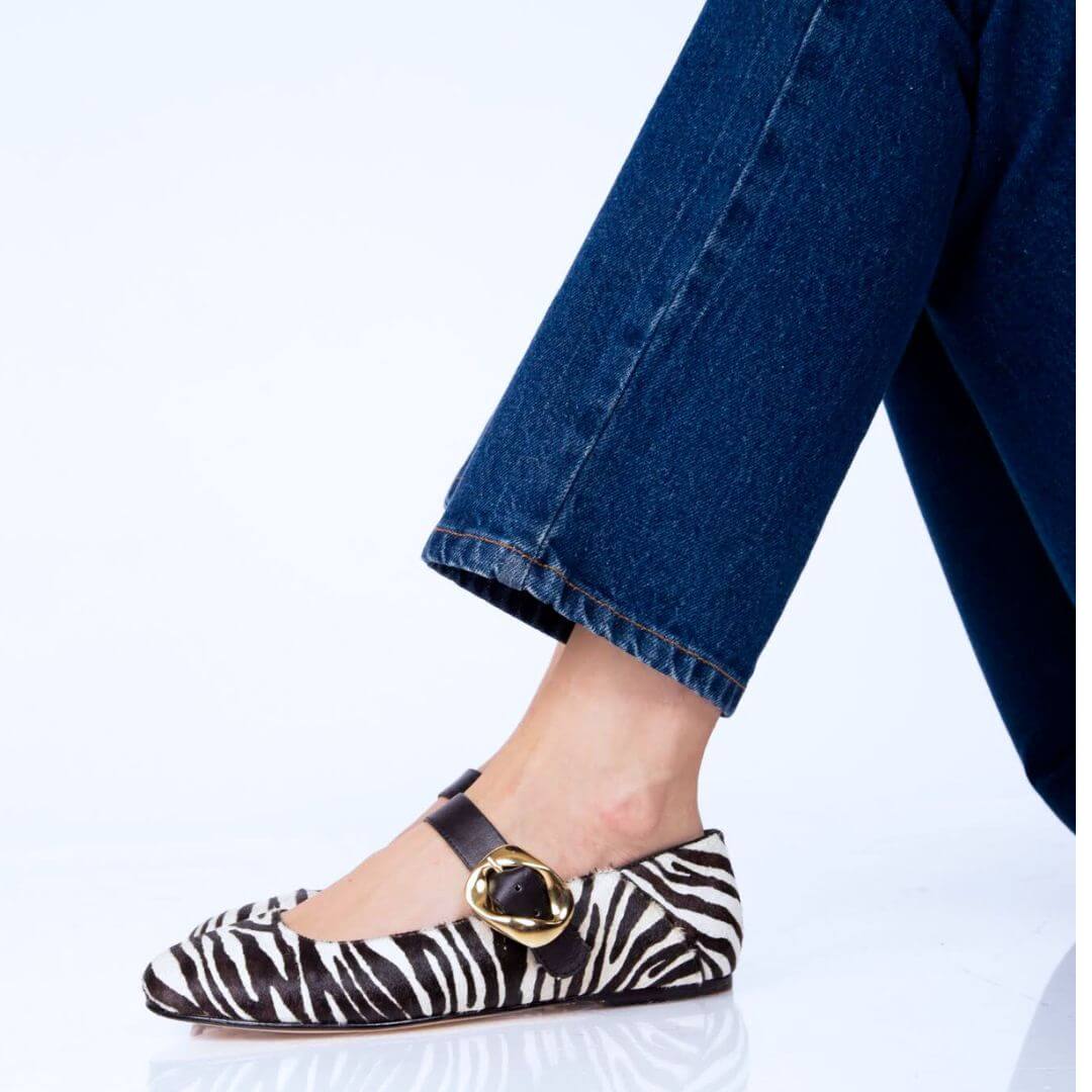 LOLA - Negro Print Regina Romero Zapato Flat Balerina de Piso Para Dama en Piel