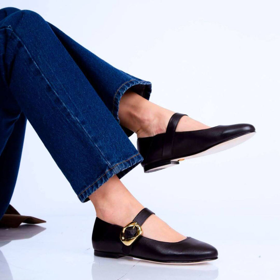 LOLA - Negro Regina Romero Zapato Flat Balerina de Piso Para Dama en Piel