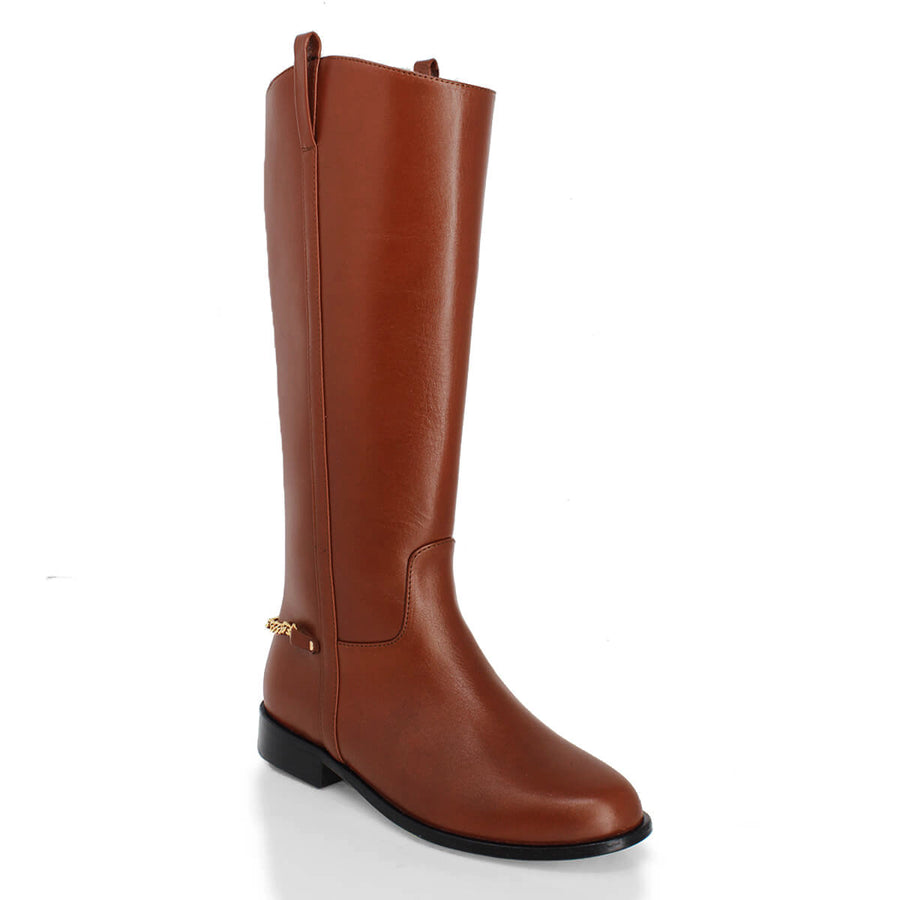 NOVA - Tan Regina Romero Zapato Bota Larga Tacon Bajo Para Dama en Piel