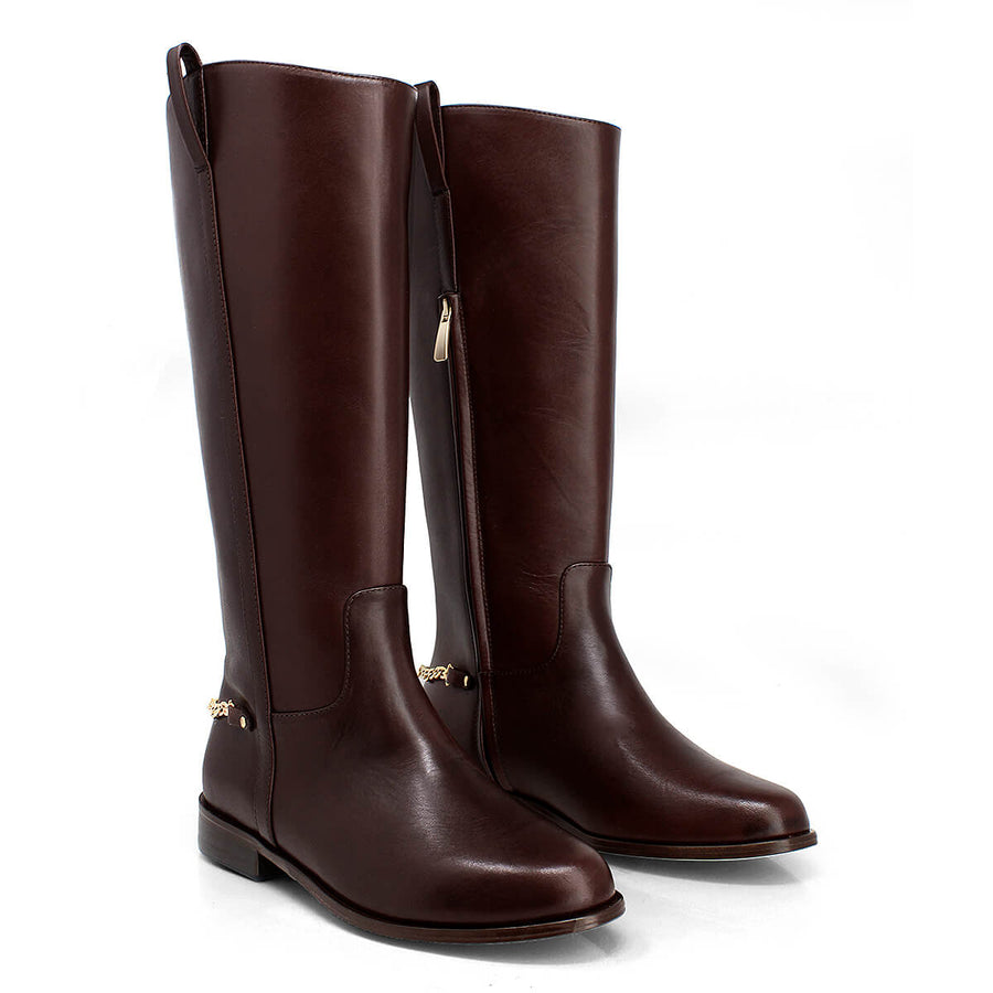 NOVA - Cafe Oscuro Regina Romero Zapato Bota Larga Tacon Bajo Para Dama en Piel