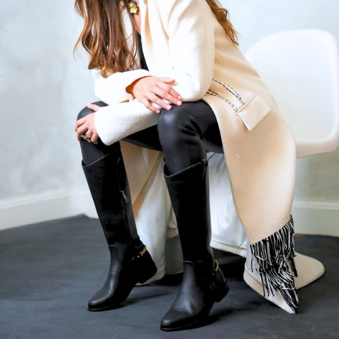 NOVA - Negro Regina Romero Zapato Bota Larga Tacon Bajo Para Dama en Piel