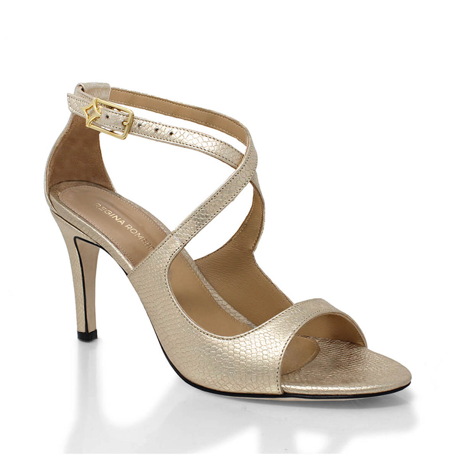 ADELA 85 - Champagne Regina Romero Zapato Sandalia Zapatilla Tacon Alto Para Dama en Piel