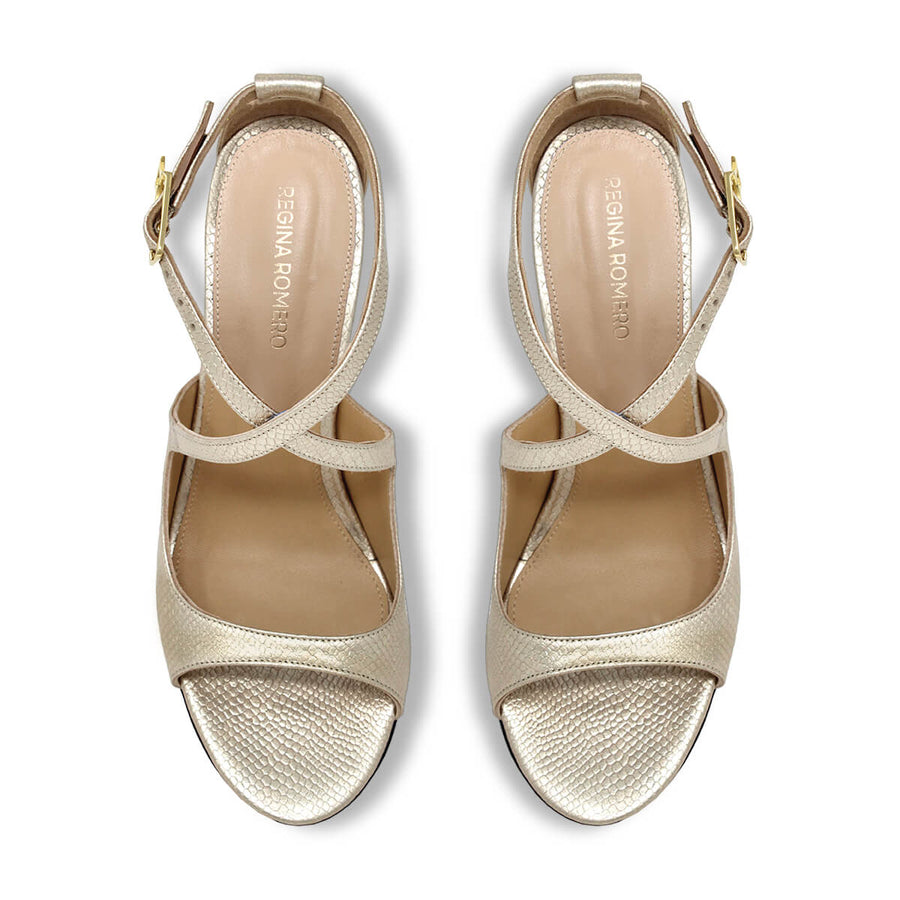 ADELA 85 - Champagne Regina Romero Zapato Sandalia Zapatilla Tacon Alto Para Dama en Piel