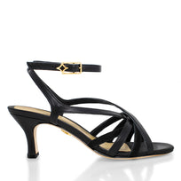 Sandalias de piel color negro con tiras delgadas, pulsera al tobillo y tacón medio, Regina Romero