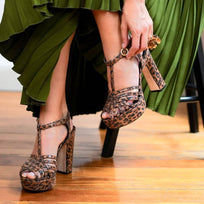 HELENA 120 - Miel Print Regina Romero Zapato Sandalia Plataforma Tacon Alto Para Dama en Piel