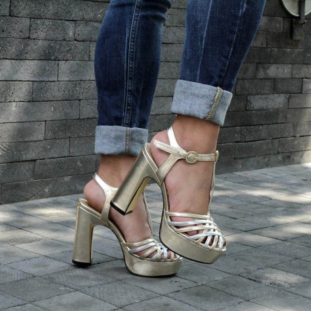 HELENA 120 - Oro Claro Regina Romero Zapato Sandalia Plataforma Tacon Alto Para Dama en Piel