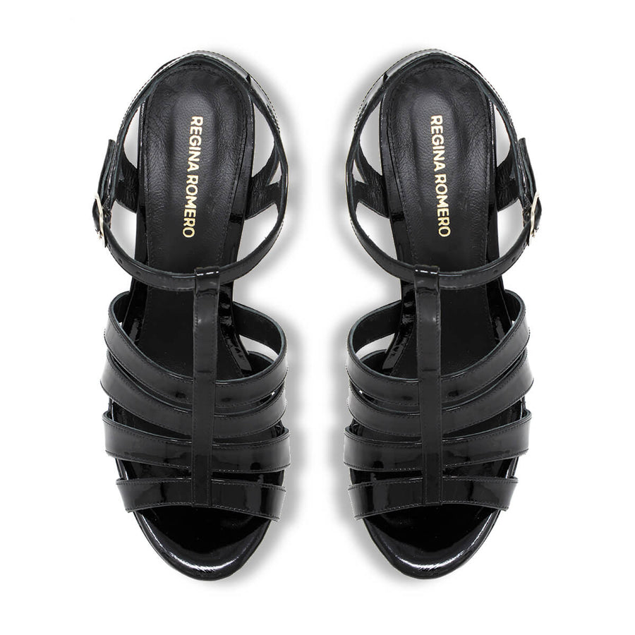ROMI 135 - Black Patent Leather Regina Romero High Heel Platform Sandal Shoe for Women in Leather