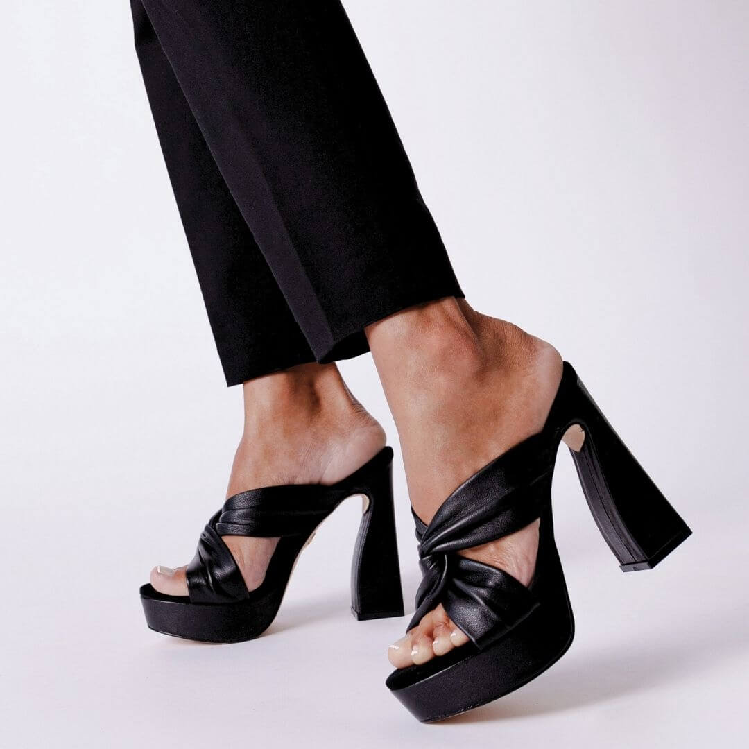 THALIA 125 - Black Regina Romero High Heel Platform Sandal Shoe for Women in Leather