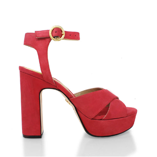 Sandalias de plataforma en piel color rojo con nudo/cruzado frontal, pulsera al tobillo y tacón alto ancho, Regina Romero