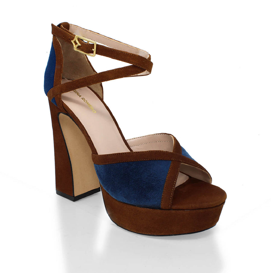 Sandalias de plataforma BELLAGIO 125 Regina Romero en piel color marino y tan, tacón muy alto