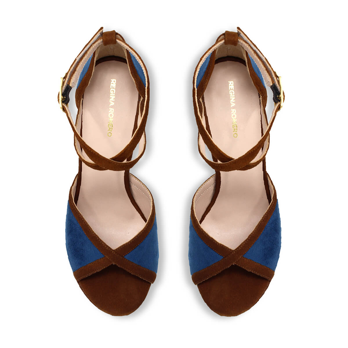 Sandalias de plataforma BELLAGIO 125 Regina Romero en piel color marino y tan, tacón muy alto