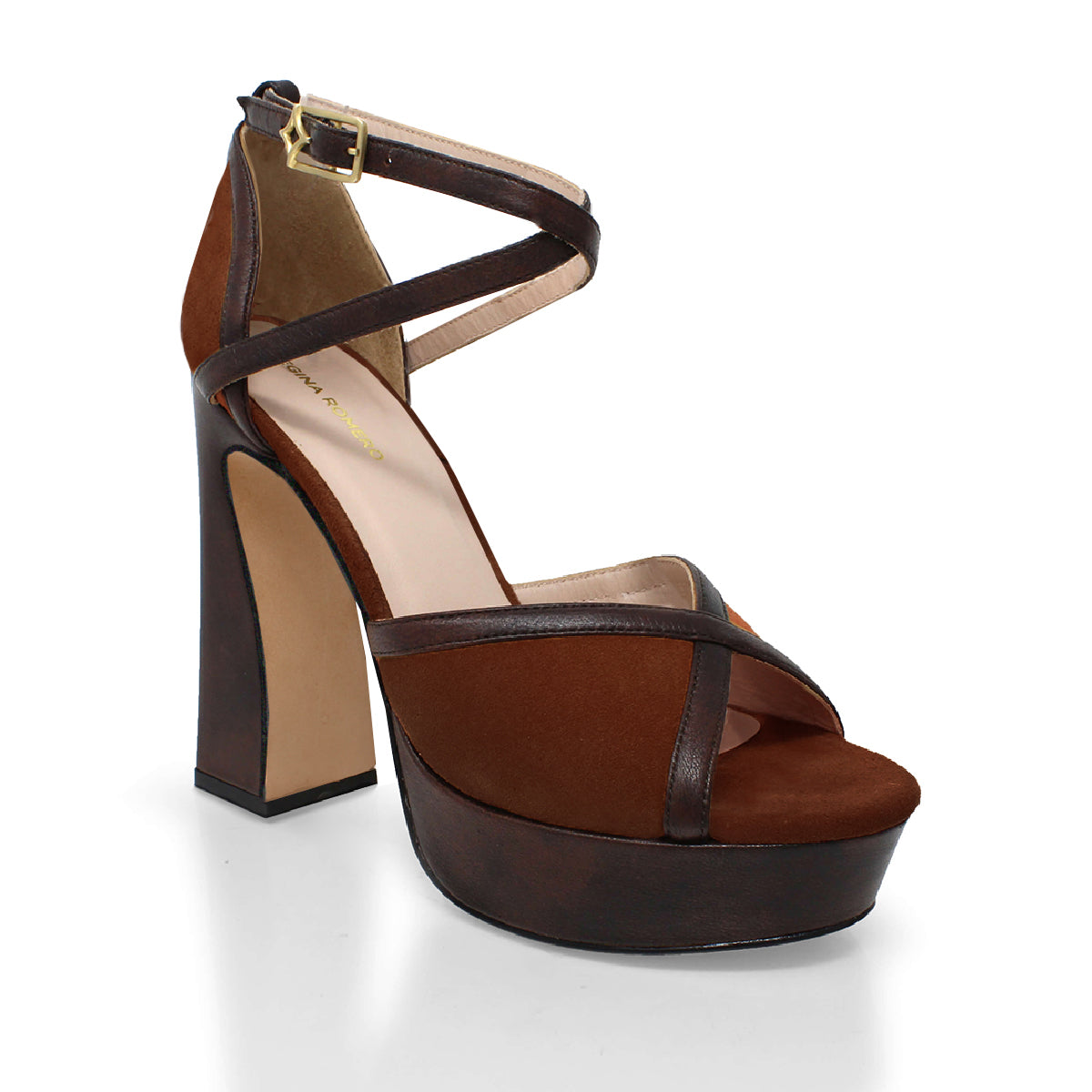 Sandalias de plataforma BELLAGIO 125 Regina Romero en piel color tan y cafe, tacón muy alto
