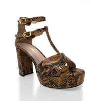 Sandalias de plataforma JANE 95 Regina Romero en piel color miel print, tacón alto