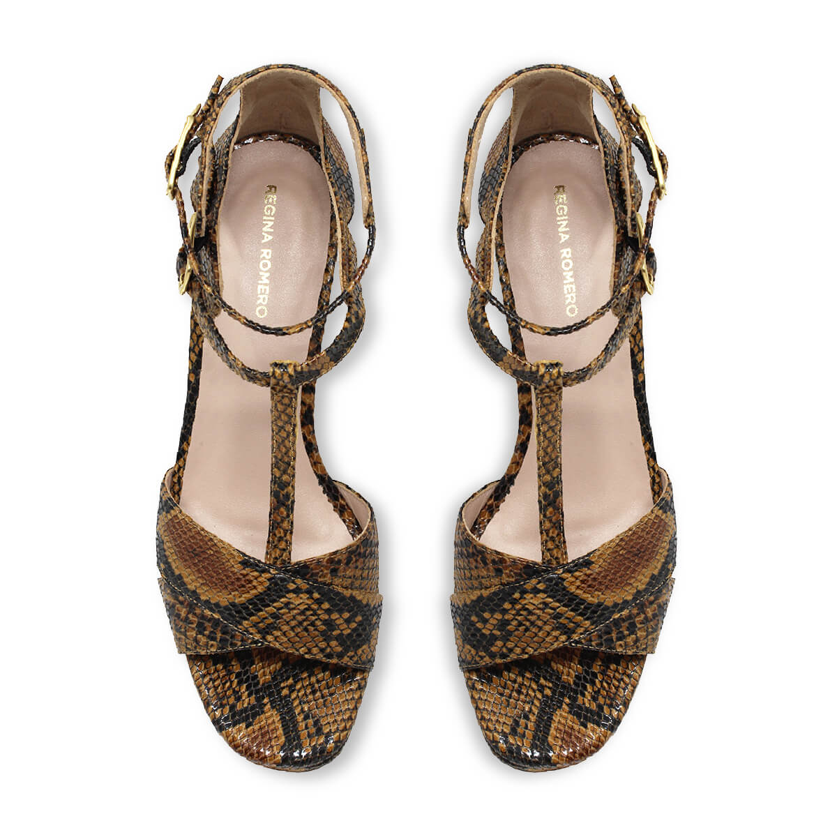 Sandalias de plataforma JANE 95 Regina Romero en piel color miel print, tacón alto