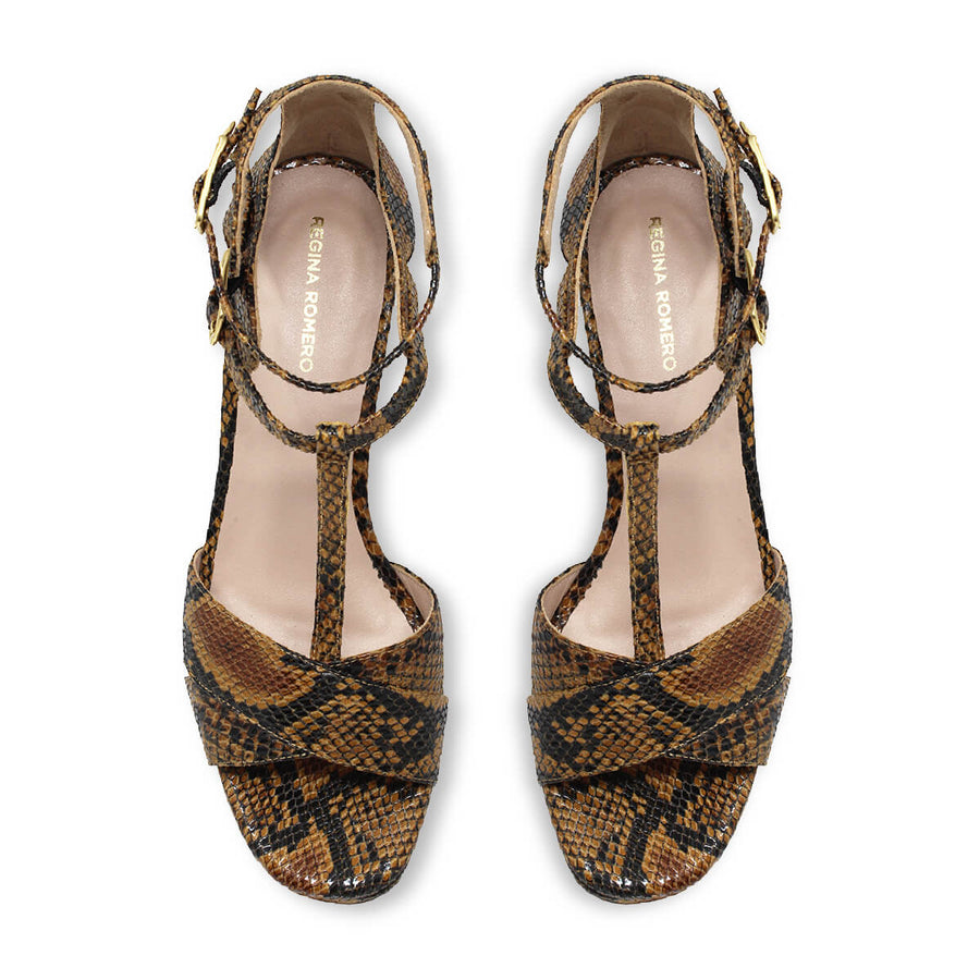 Sandalias de plataforma JANE 95 Regina Romero en piel color miel print, tacón alto
