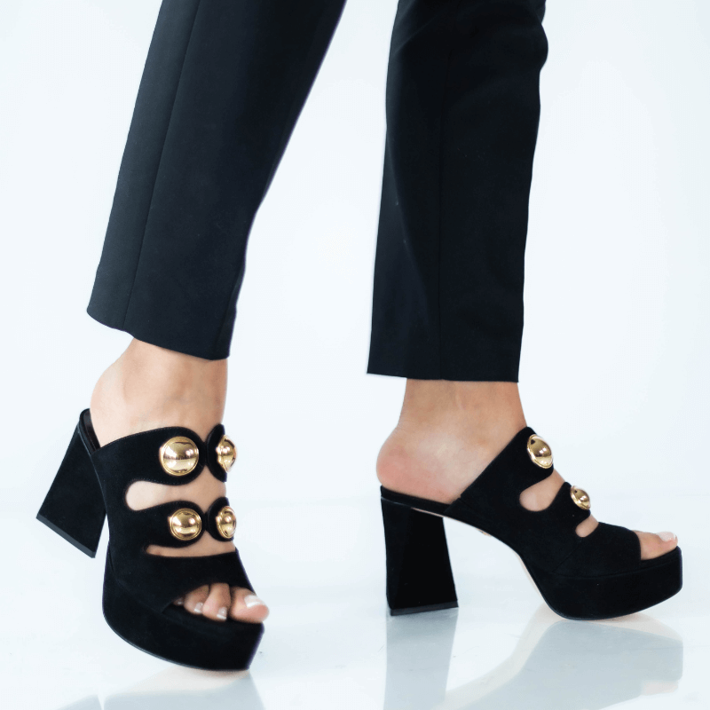 SIBIL 95 - Ante Negro Regina Romero Zapato Sandalia Plataforma Tacon Alto Para Dama en Piel