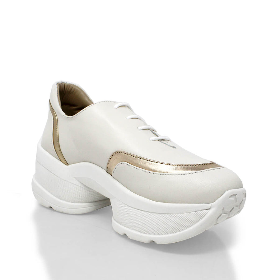KIM 75 - Blanco y Oro Claro Regina Romero Zapato Tenis Urbano Sport Para Dama en Piel