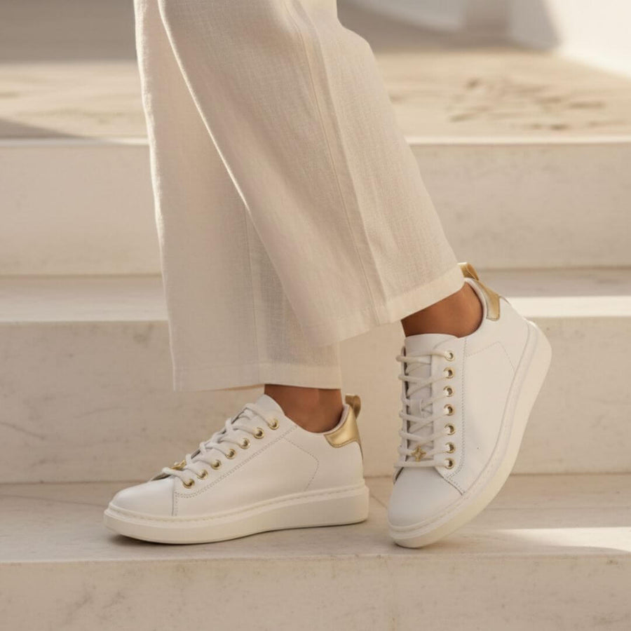 VALERIA - Blanco y Champagne Regina Romero Zapato Tenis Urbano Sport Para Dama en Piel