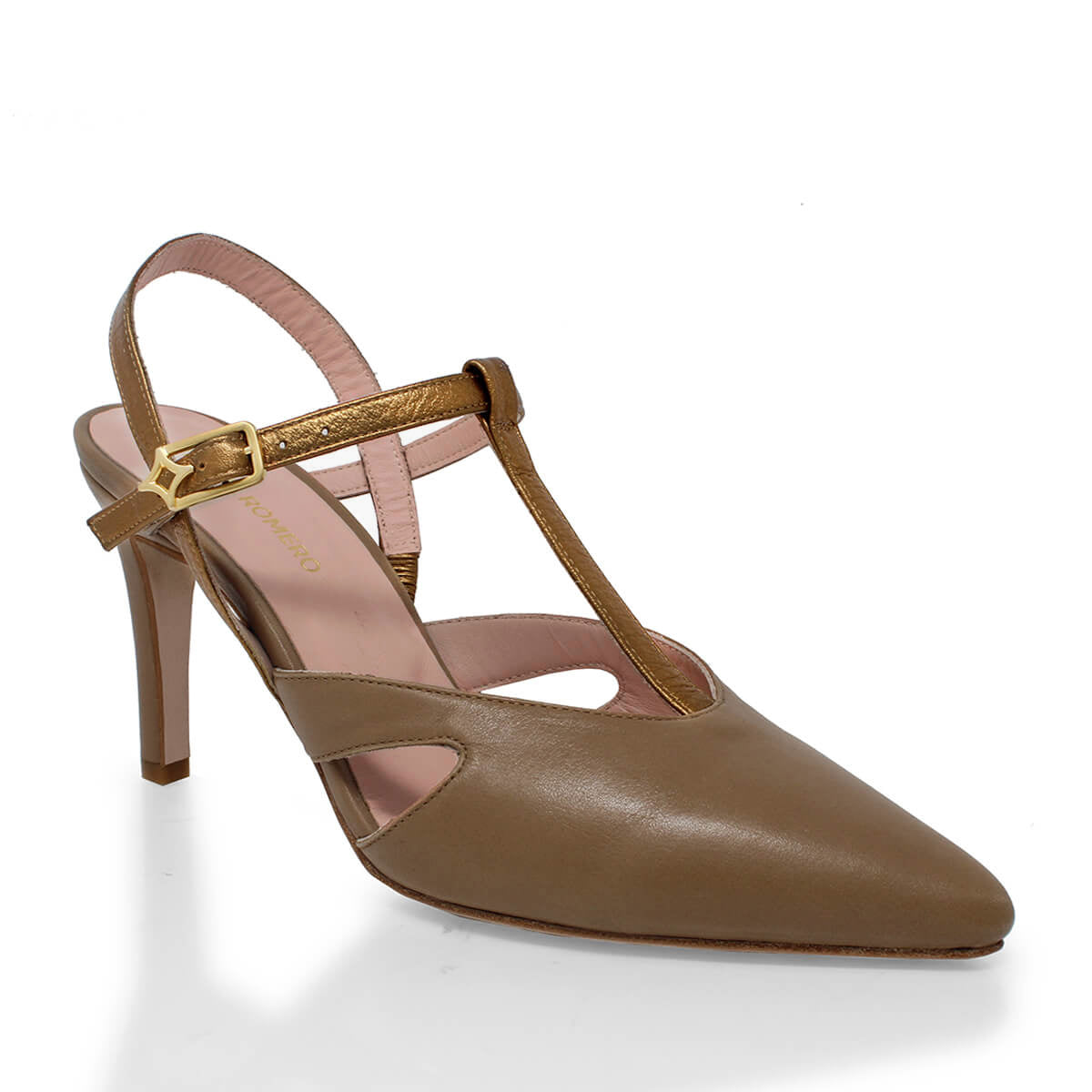 AVA 75 - Capuccino y Bronce Regina Romero Zapato Zapatilla Tacon Alto Para Dama en Piel