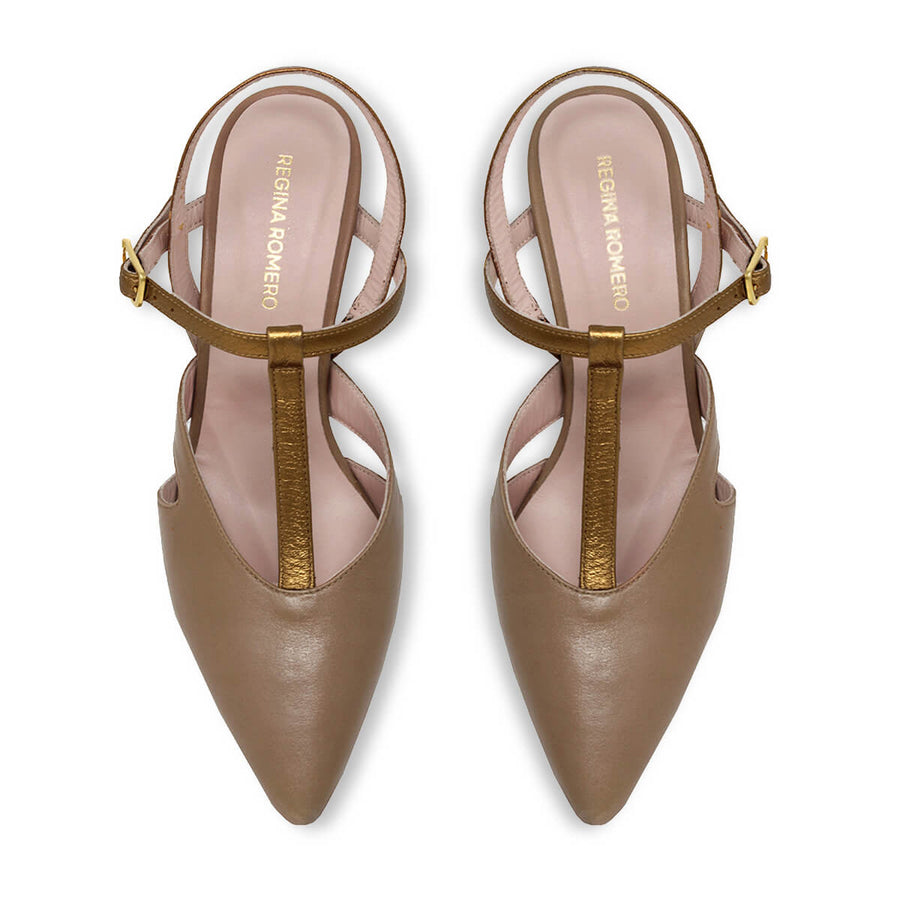 AVA 75 - Capuccino y Bronce Regina Romero Zapato Zapatilla Tacon Alto Para Dama en Piel