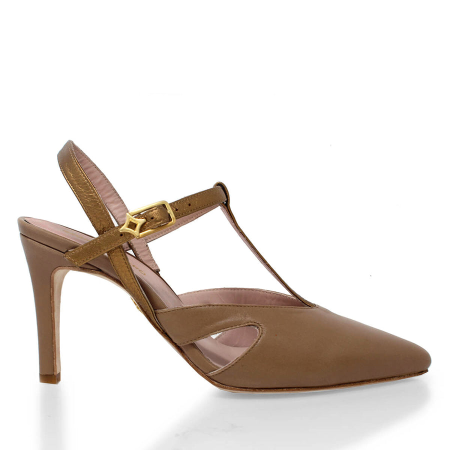 AVA 75 - Capuccino y Bronce Regina Romero Zapato Zapatilla Tacon Alto Para Dama en Piel