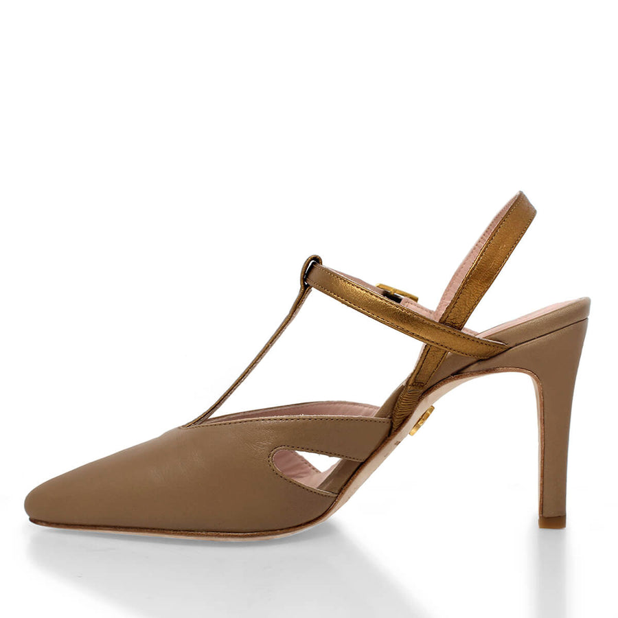 AVA 75 - Capuccino y Bronce Regina Romero Zapato Zapatilla Tacon Alto Para Dama en Piel